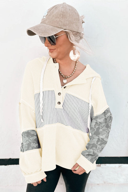 Waffle Knit Stripe Patchwork Henley Drawstring Hood Drop Shoulder Long Sleeve Top
